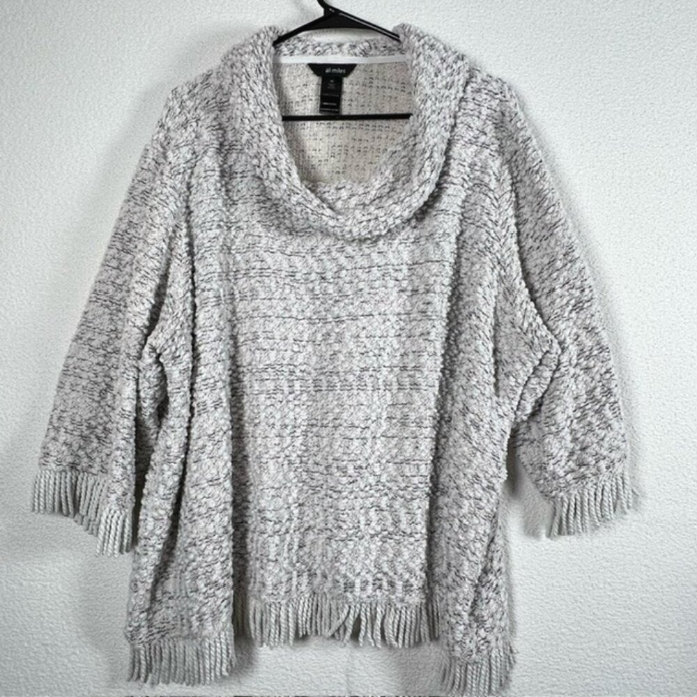Ali Miles Womens Fringed Textured Sweater Cowl Neck 3/4 Sleeve Plus Size 3X